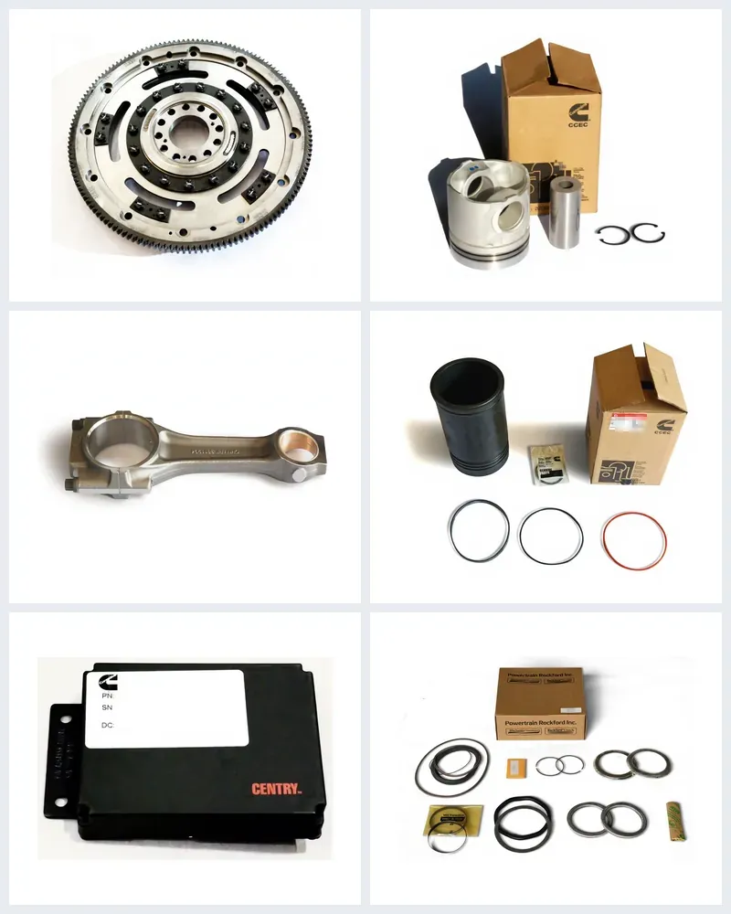 A selection of engine parts: flexplate, piston kit, connecting rod, cylinder liner kit, ECM and seal kit