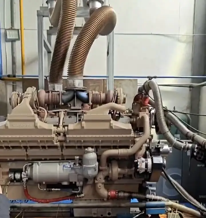 Large V-type diesel engine running on a test bed before shipment